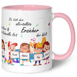 Bedruckte Tasse mit Spruch Erzieher/in Abschied mit Schildern für bis zu 10 Namen
