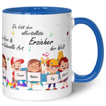Bedruckte Tasse mit Spruch Erzieher/in Abschied mit Schildern für bis zu 10 Namen