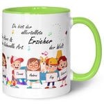 Bedruckte Tasse mit Spruch Erzieher/in Abschied mit Schildern für bis zu 10 Namen