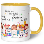 Bedruckte Tasse mit Spruch Erzieher/in Abschied mit Schildern für bis zu 10 Namen