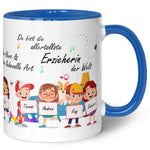 Bedruckte Tasse mit Spruch Erzieher/in Abschied mit Schildern für bis zu 10 Namen