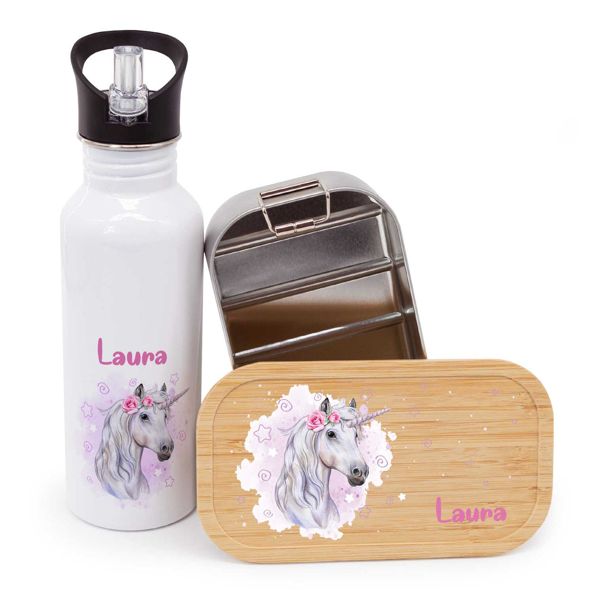 Bedruckte Brotdose & Trinkflasche im Set - Einhorn