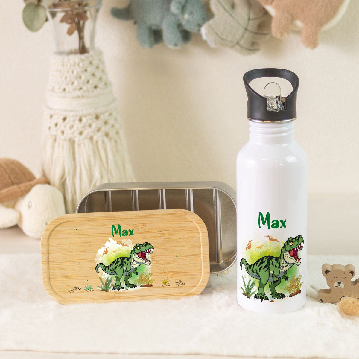 Bedruckte Brotdose & Trinkflasche im Set - T-Rex