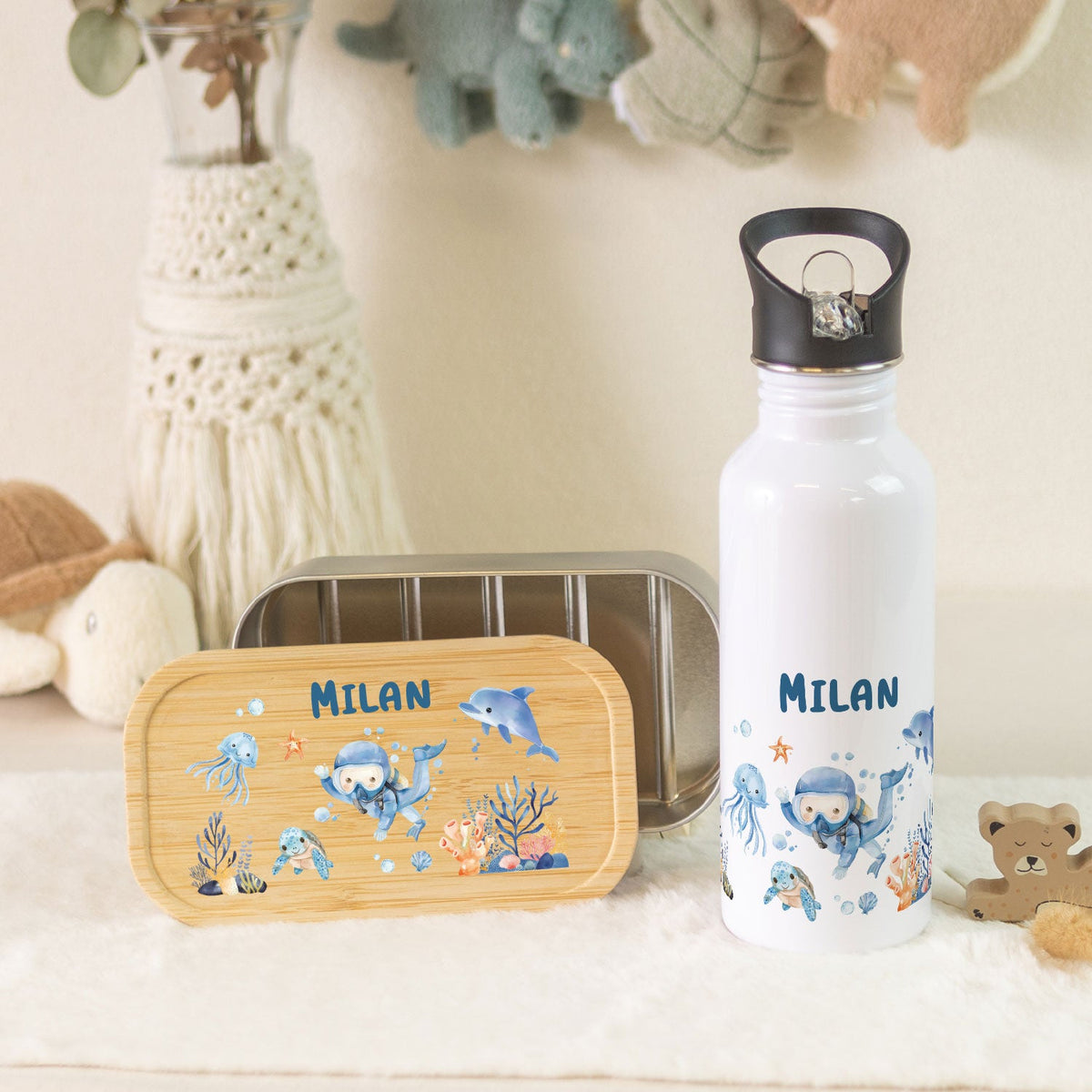 Bedruckte Brotdose & Trinkflasche im Set - Taucher