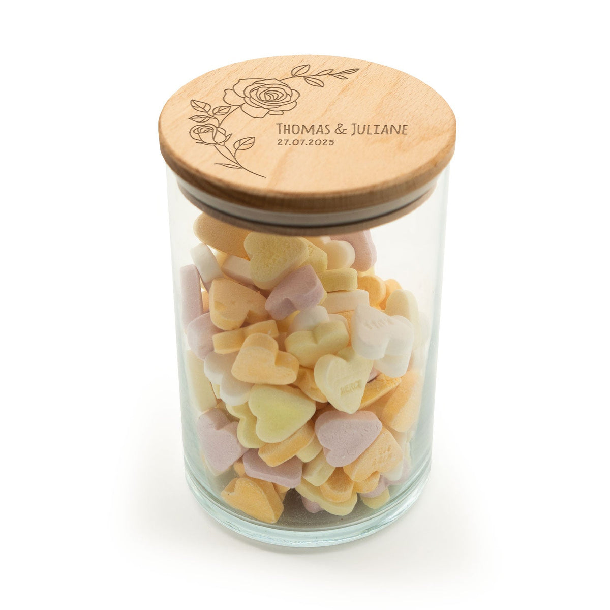 Graviertes Vorratsglas mit Holzdeckel - Rose