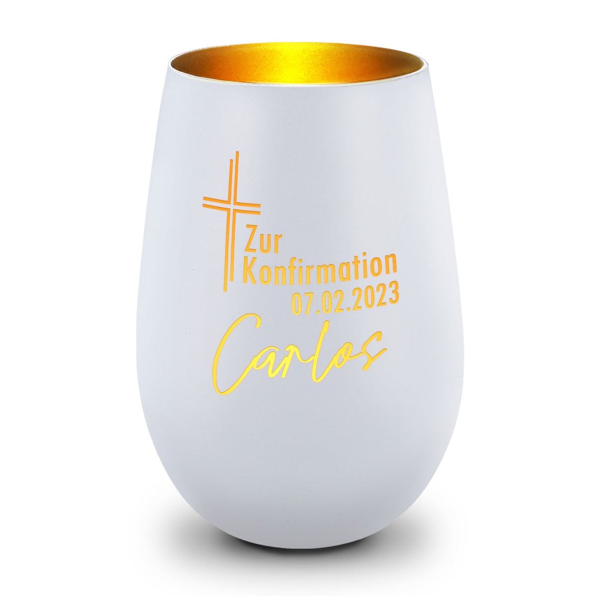 Deko Windlicht mit Gravur - Kreuz Design - Zur Kommunion Konfirmation oder Taufe - Mit Namen & Datum