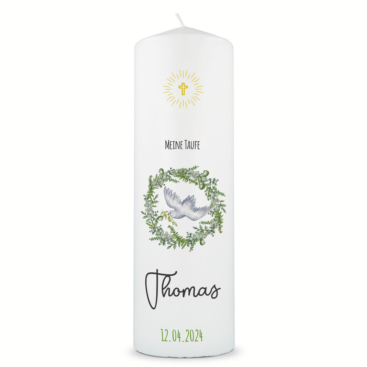 Große Kerze "Kranz" - Taufkerze mit Namen, Datum & Wunschtext