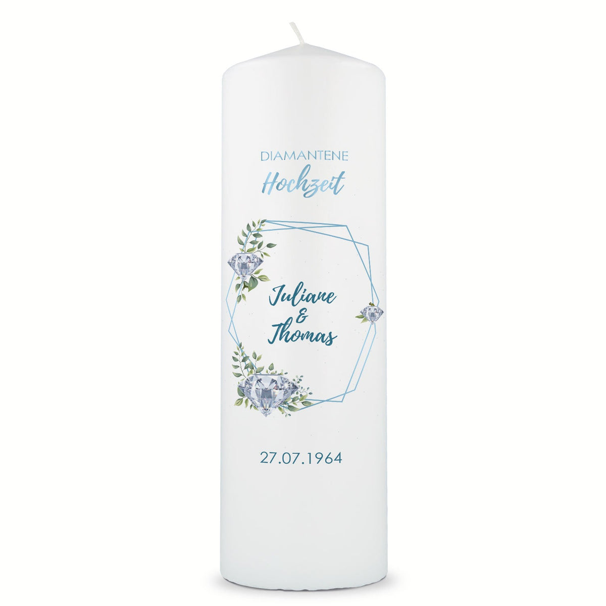 Große Kerze "Diamanthochzeit" - Hochzeitskerze mit Namen, Datum & Wunschtext