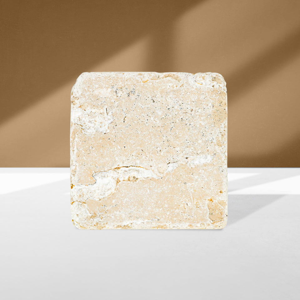 Puremetics Seifenablage aus Travertinstein – Naturstein Seifenschale mit Korkfüßen