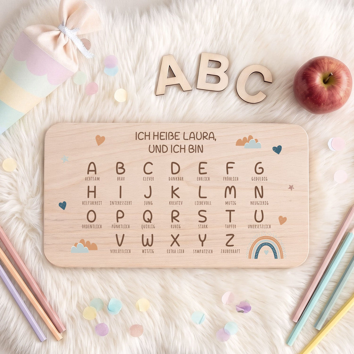 Frühstücksbrettchen mit Druckmotiv & Name - ABC Regenbogen