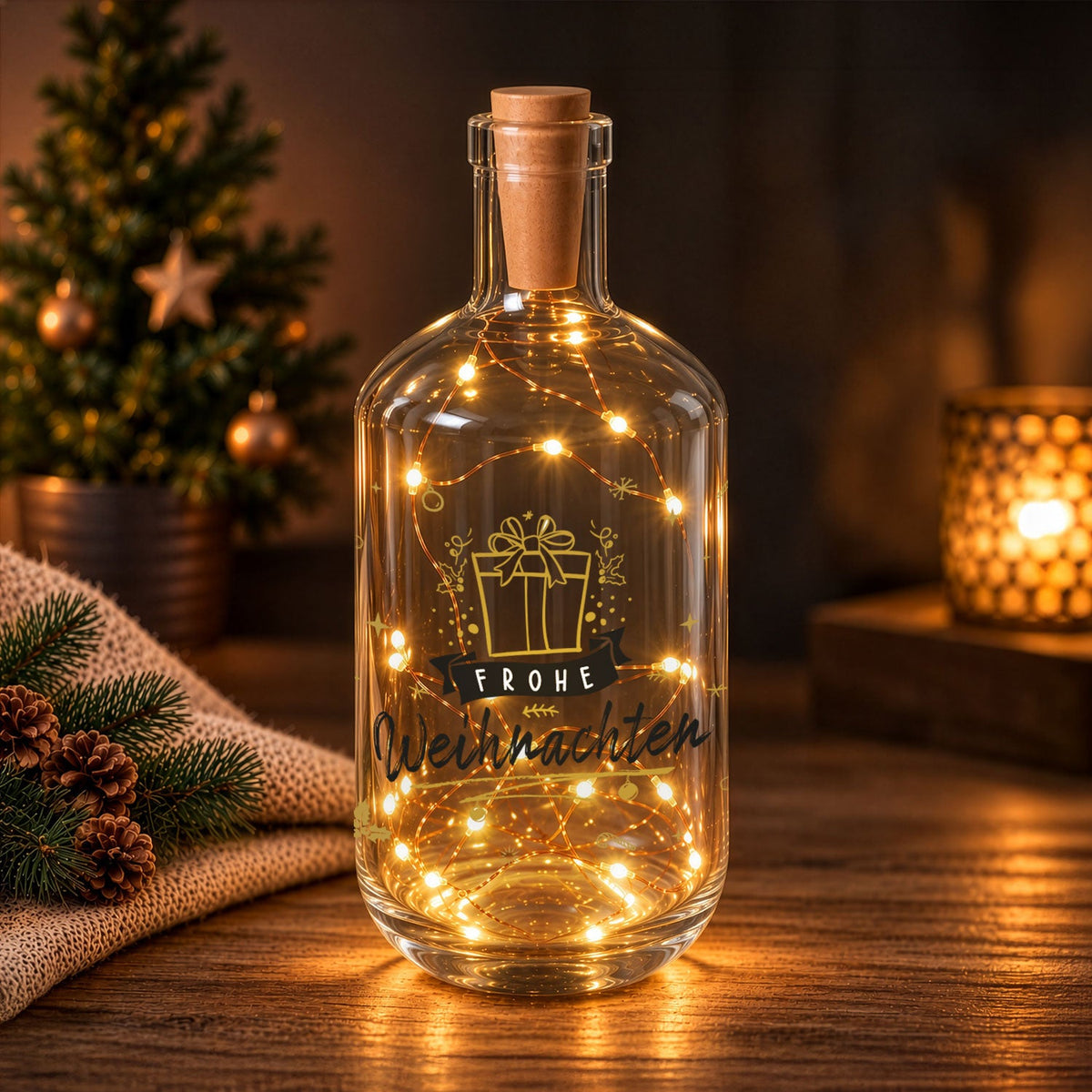 Flaschenlicht mit LED-Lichterkette und UV Druck - Goldenes Geschenk Design - Weihnachtsdekoration