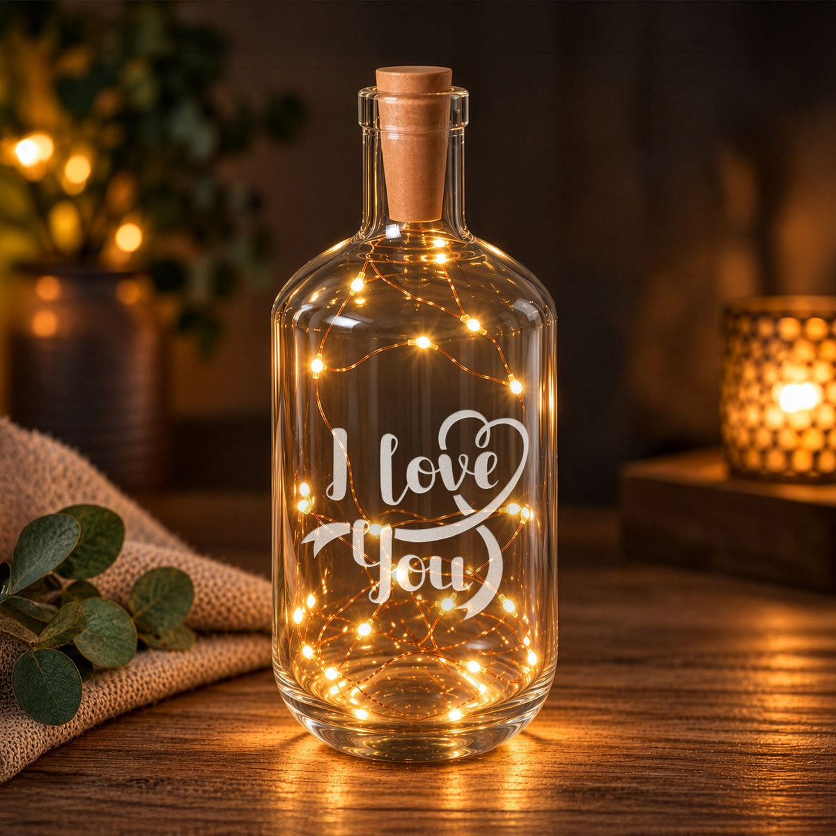 Flaschenlicht mit LED-Lichterkette und Gravur "I love you"