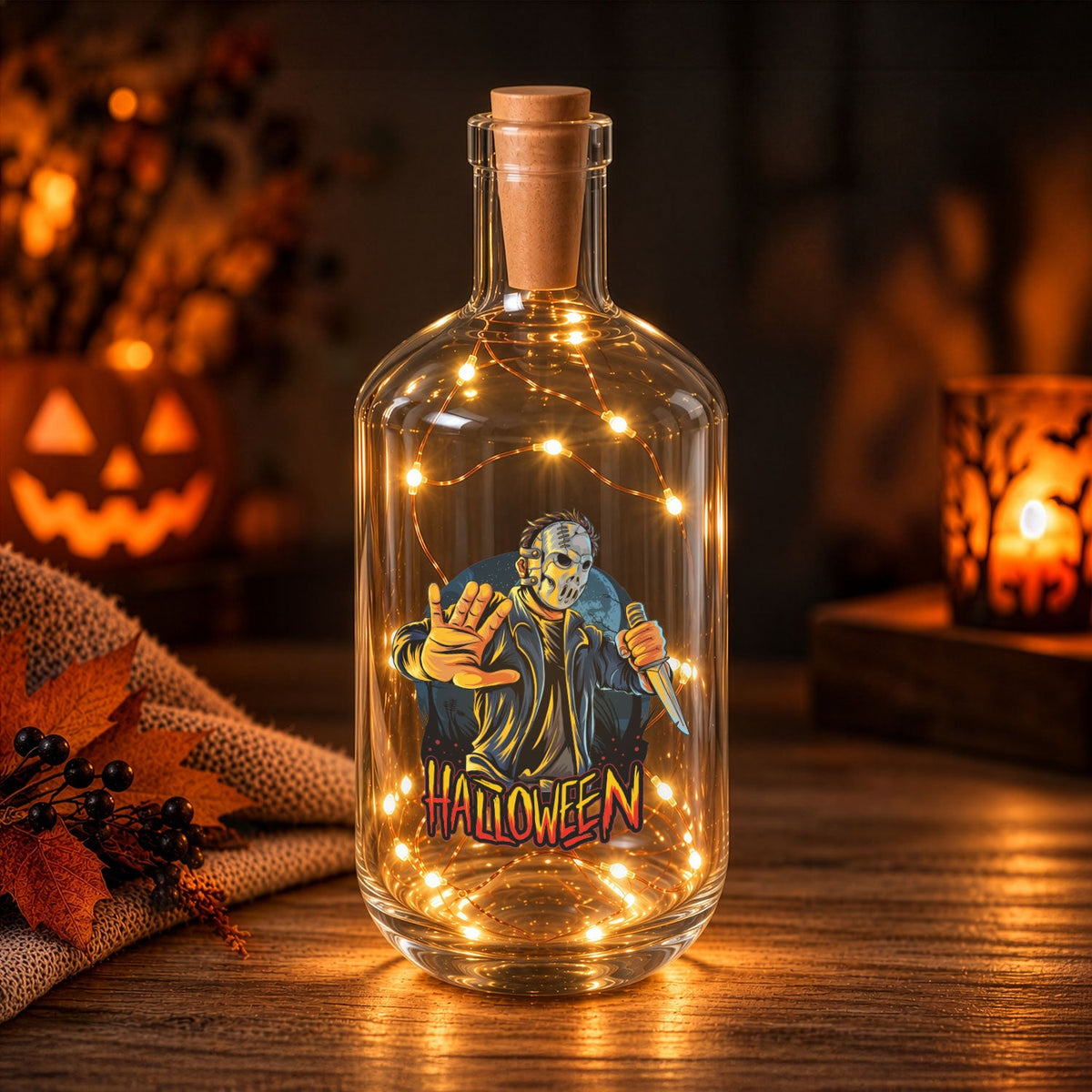 Flaschenlicht mit LED-Lichterkette im Halloween Slasher UV Design