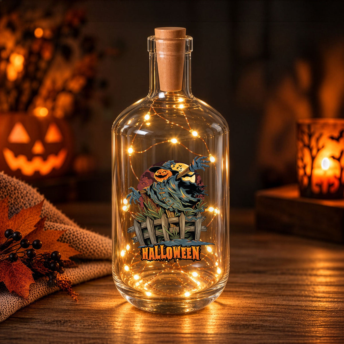 Flaschenlicht mit LED-Lichterkette im Halloween Vogelscheuche V2 UV Design
