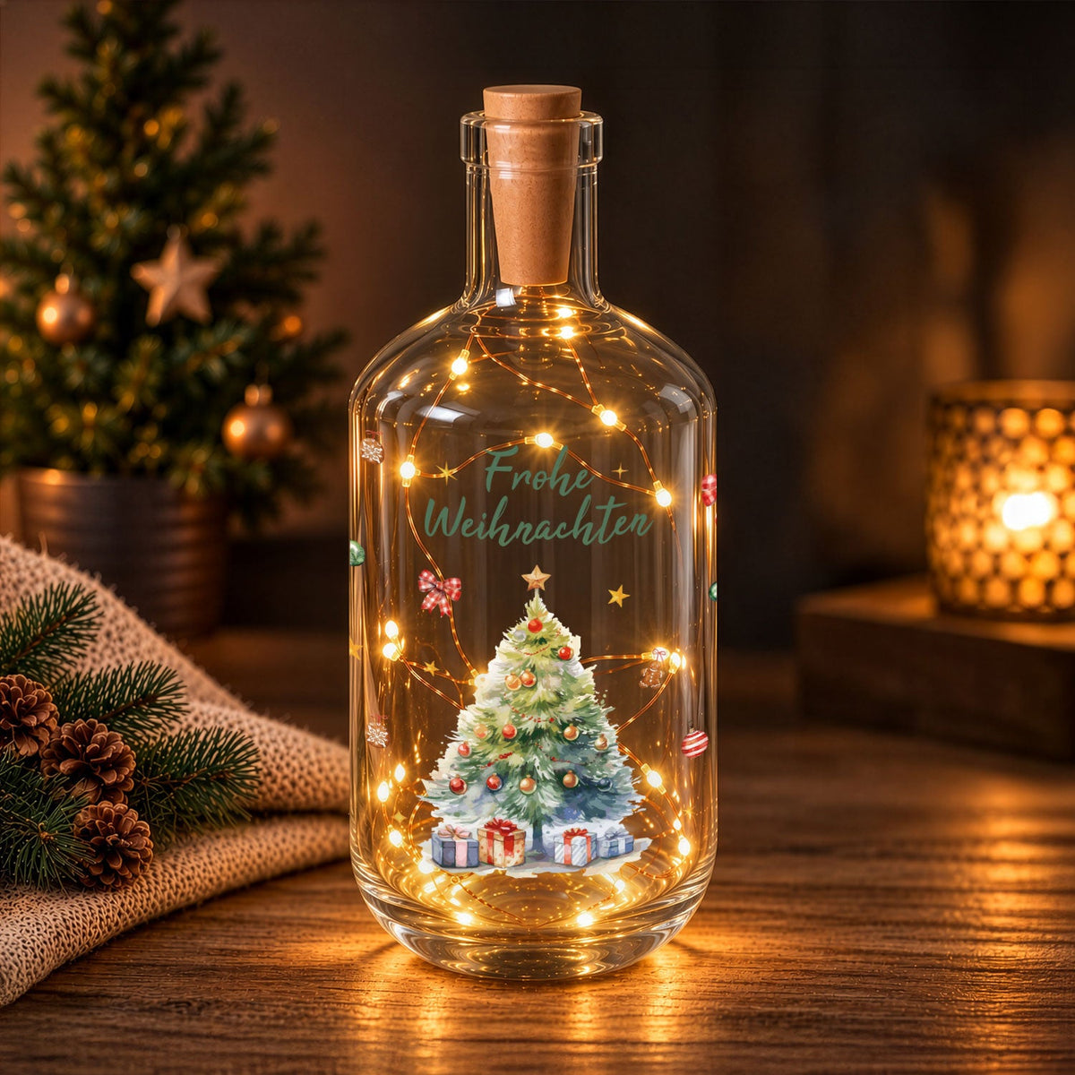 Flaschenlicht mit LED-Lichterkette und UV Druck - Weihnachtsbaum Design - Weihnachtsdekoration