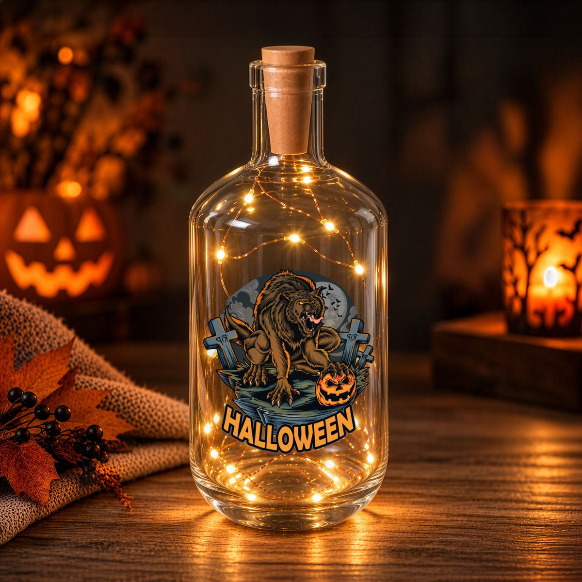 Flaschenlicht mit LED-Lichterkette im Halloween Werwolf V1 UV Design