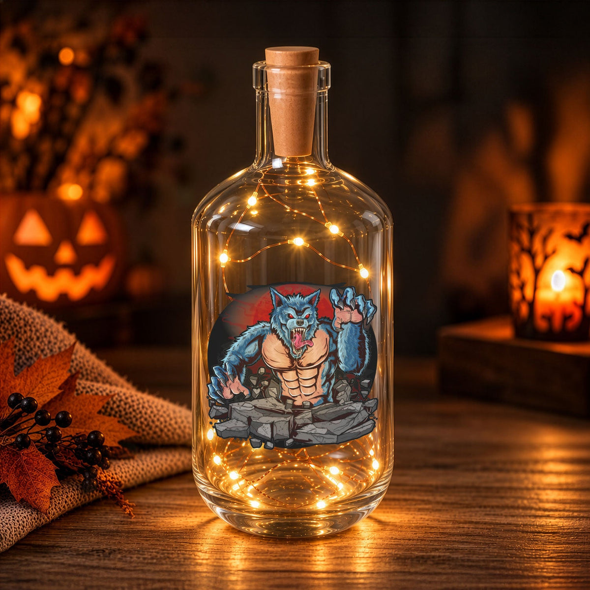 Flaschenlicht mit LED-Lichterkette im Halloween Werwolf V2 UV Design