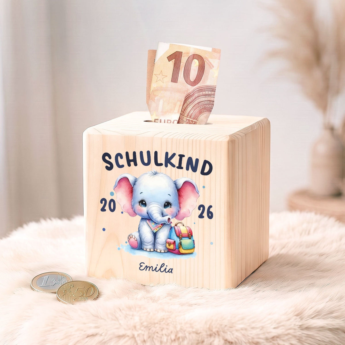 Spardose aus Holz - Schulkind