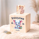 Spardose aus Holz - Schulkind