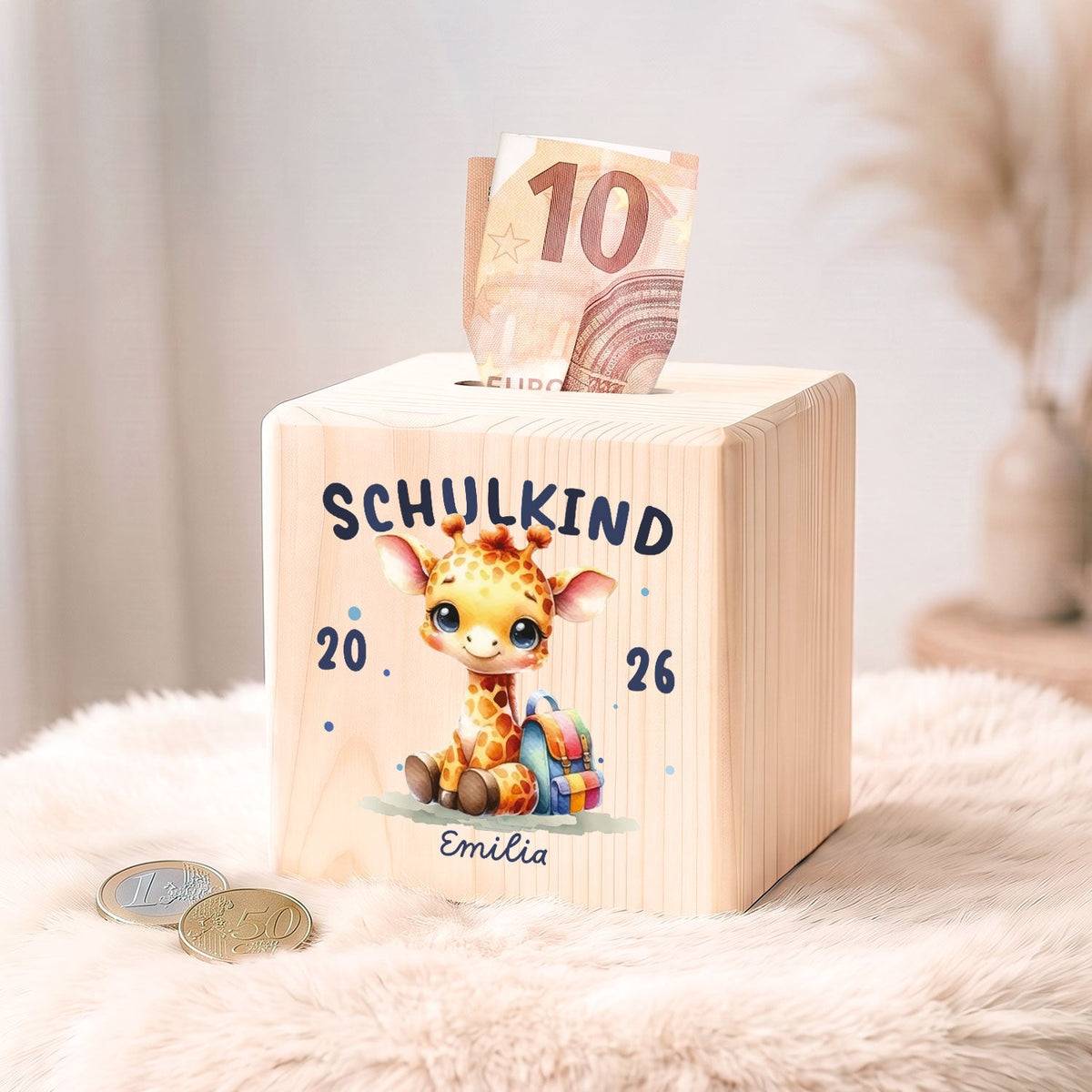 Spardose aus Holz - Schulkind