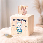 Spardose aus Holz - Schulkind