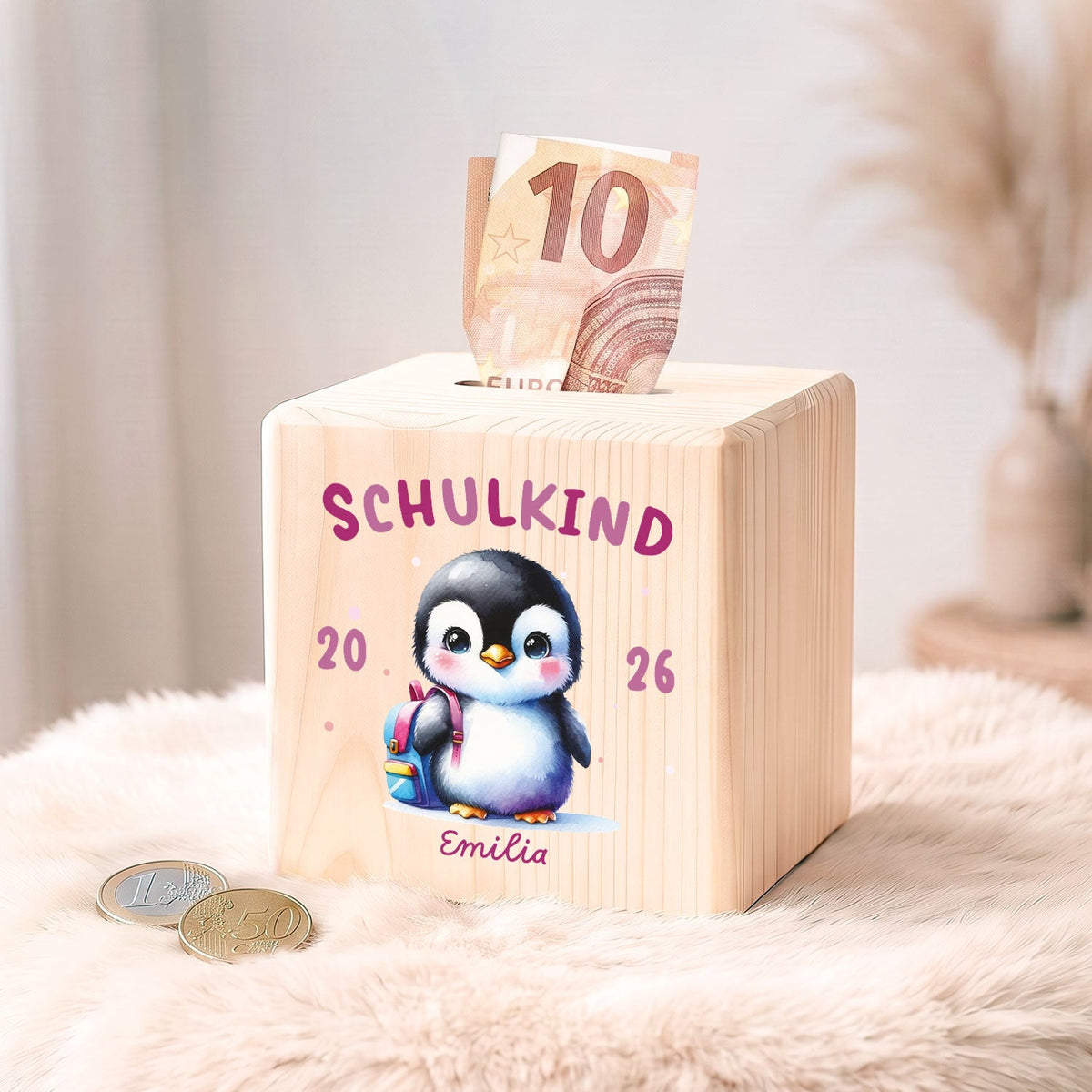 Spardose aus Holz - Schulkind