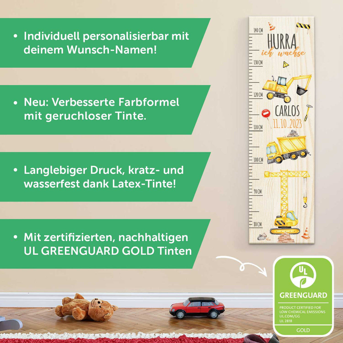 Messlatte mit Namen für Kinder im Baustellen Design