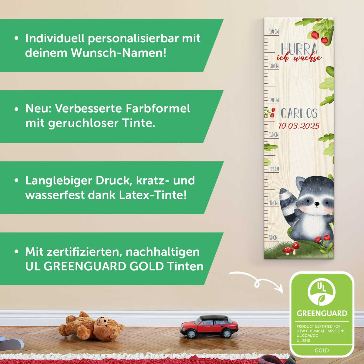 Messlatte mit Namen für Kinder im Waschbär Design