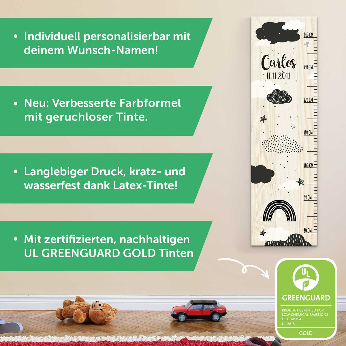 Messlatte mit Namen für Kinder im Wolken Design