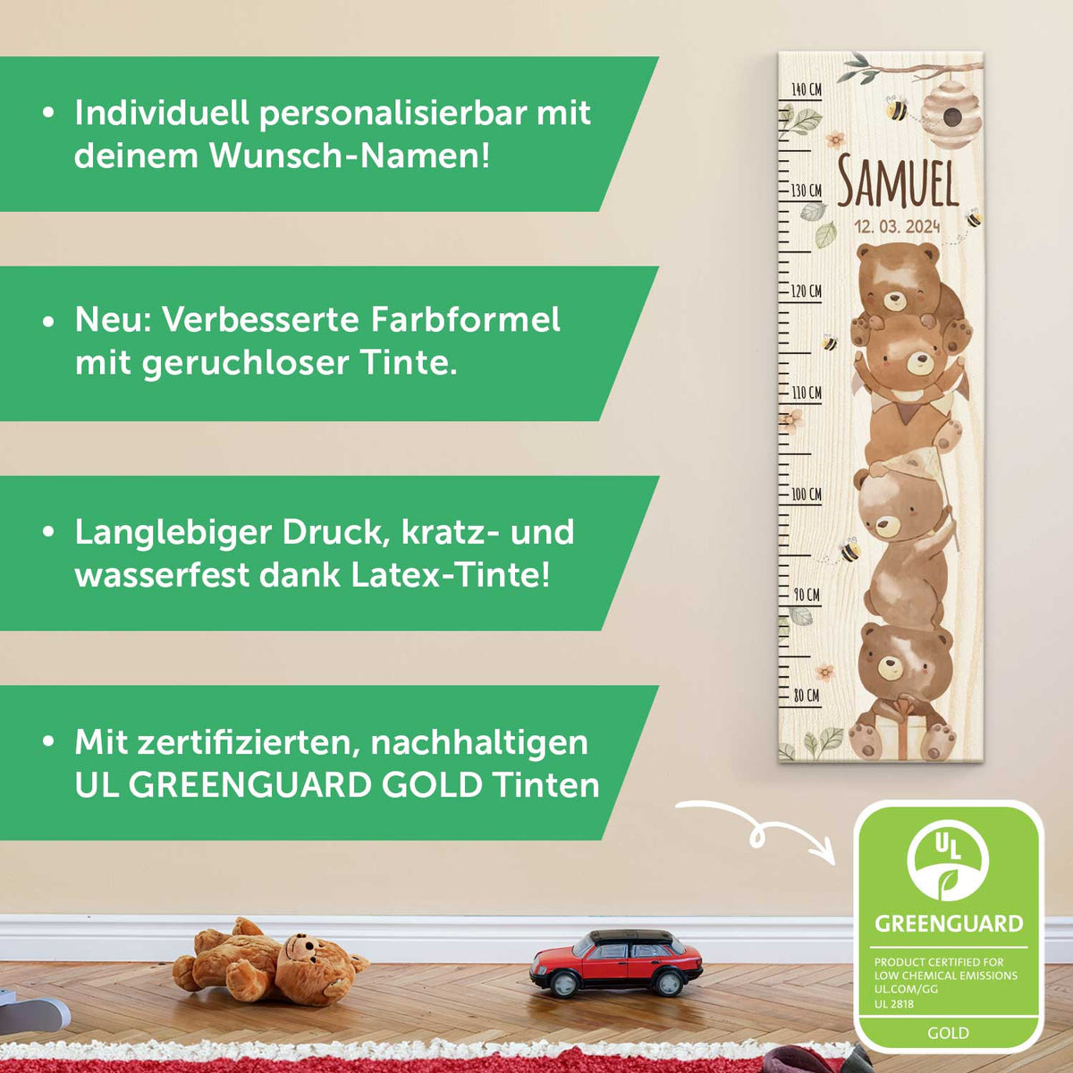 Messlatte mit Namen für Kinder im Bären Design