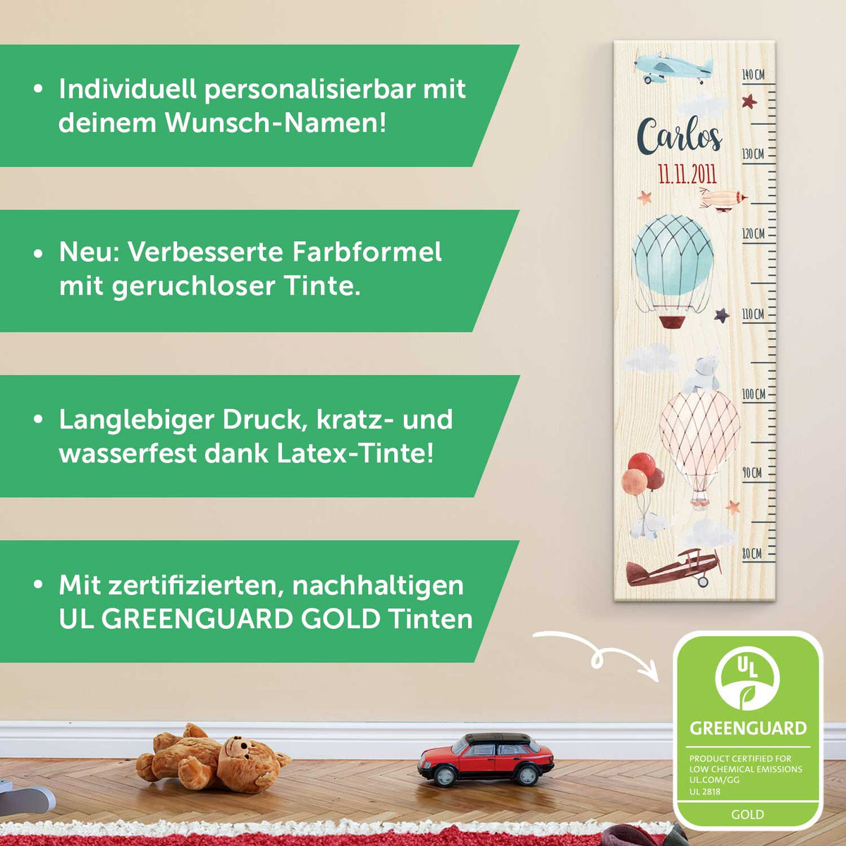 Messlatte mit Namen für Kinder im Heißluftballon Design