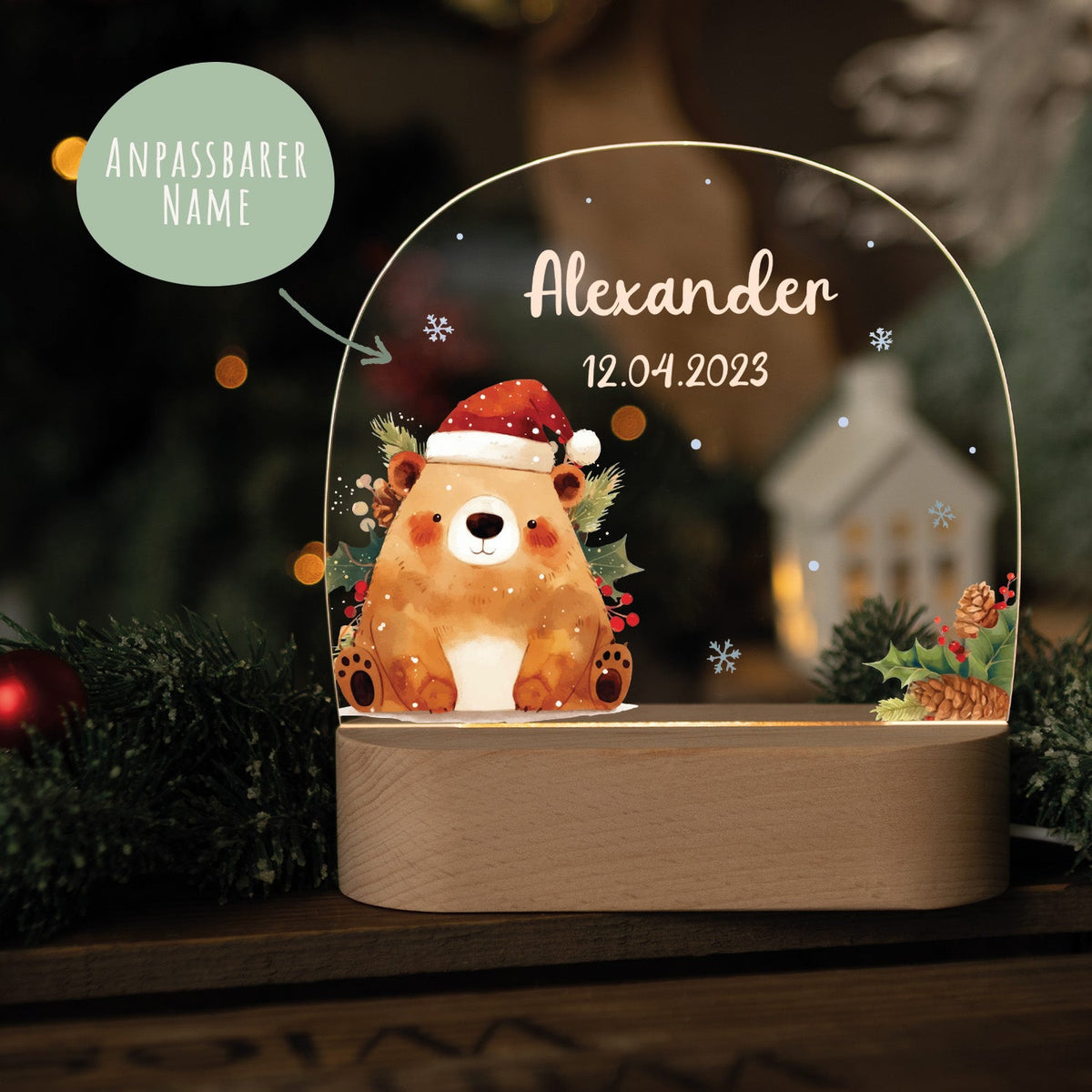 Kinder LED Nachtlicht mit Sockel aus Holz - "Weihnachtstiere"
