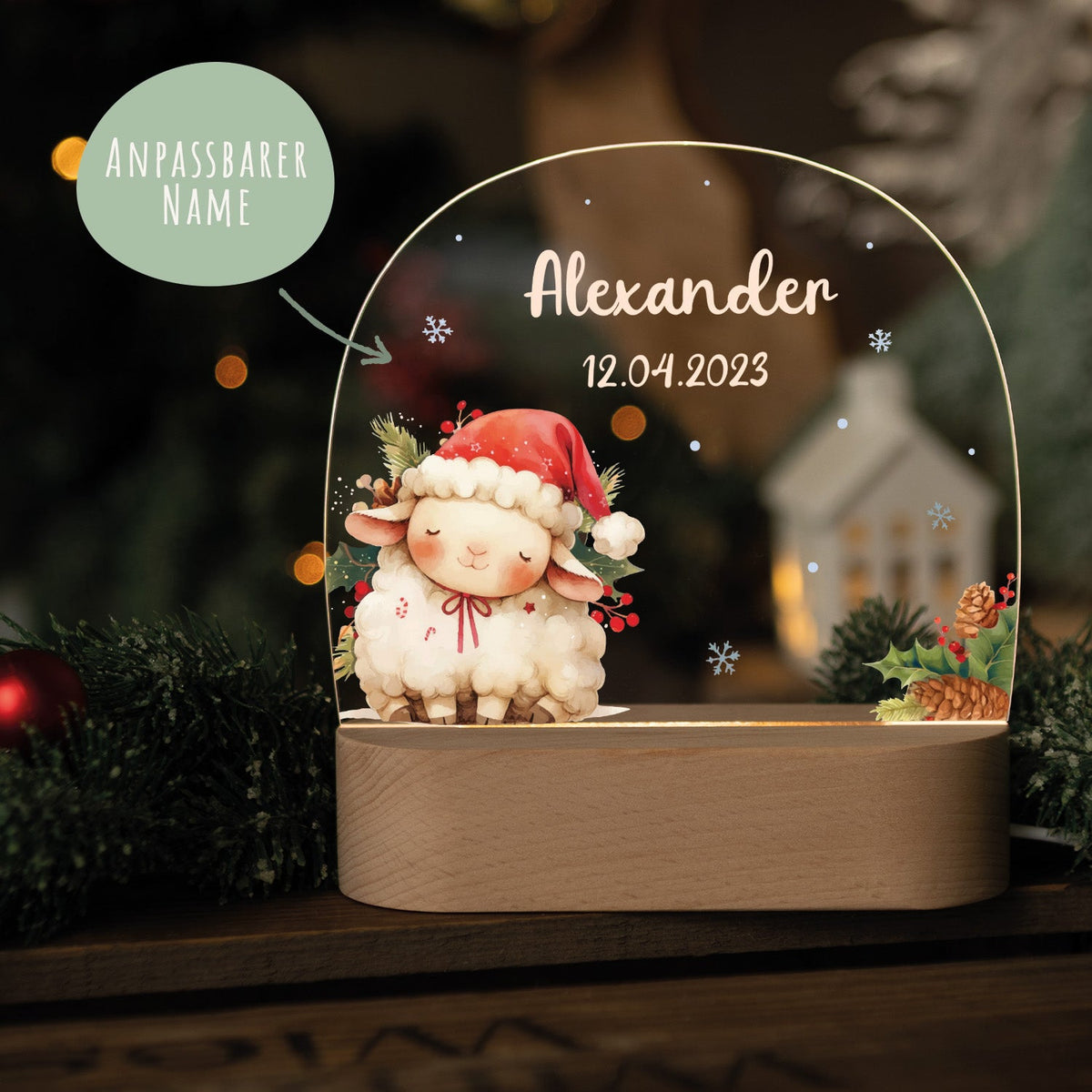 Kinder LED Nachtlicht mit Sockel aus Holz - "Weihnachtstiere"
