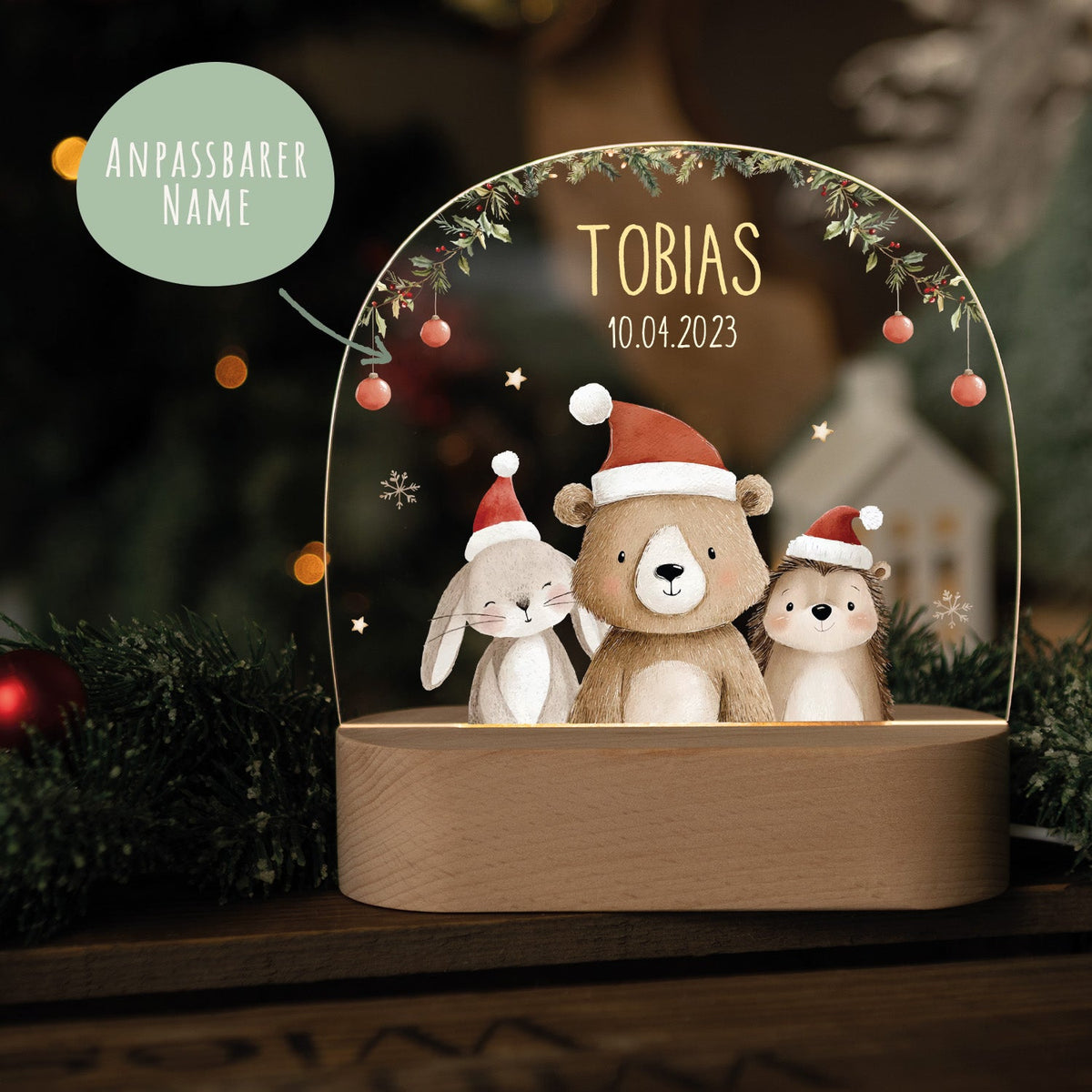 Kinder LED Nachtlicht mit Sockel aus Holz - "Weihnachtstrio"