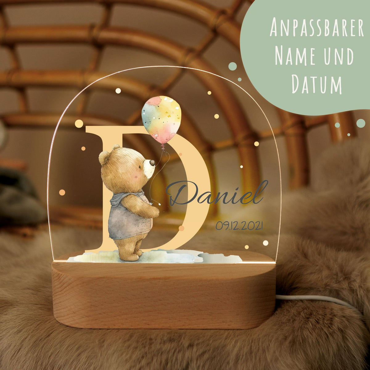 Kinder LED Nachtlicht mit Sockel aus Holz - "Initial Tiere"
