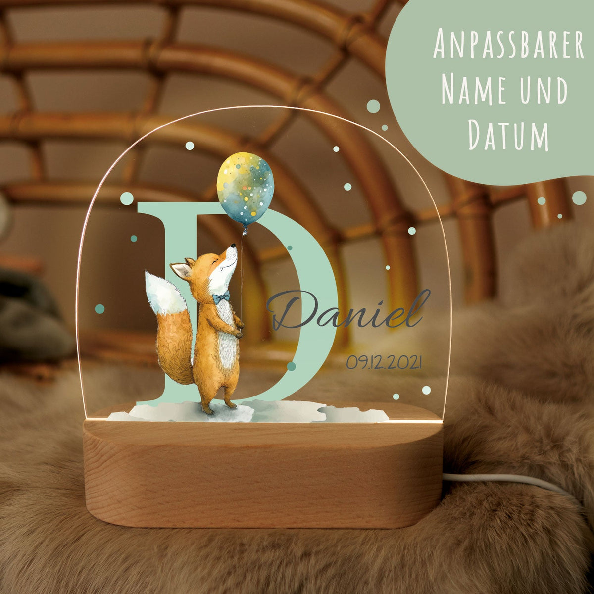 Kinder LED Nachtlicht mit Sockel aus Holz - "Initial Tiere"