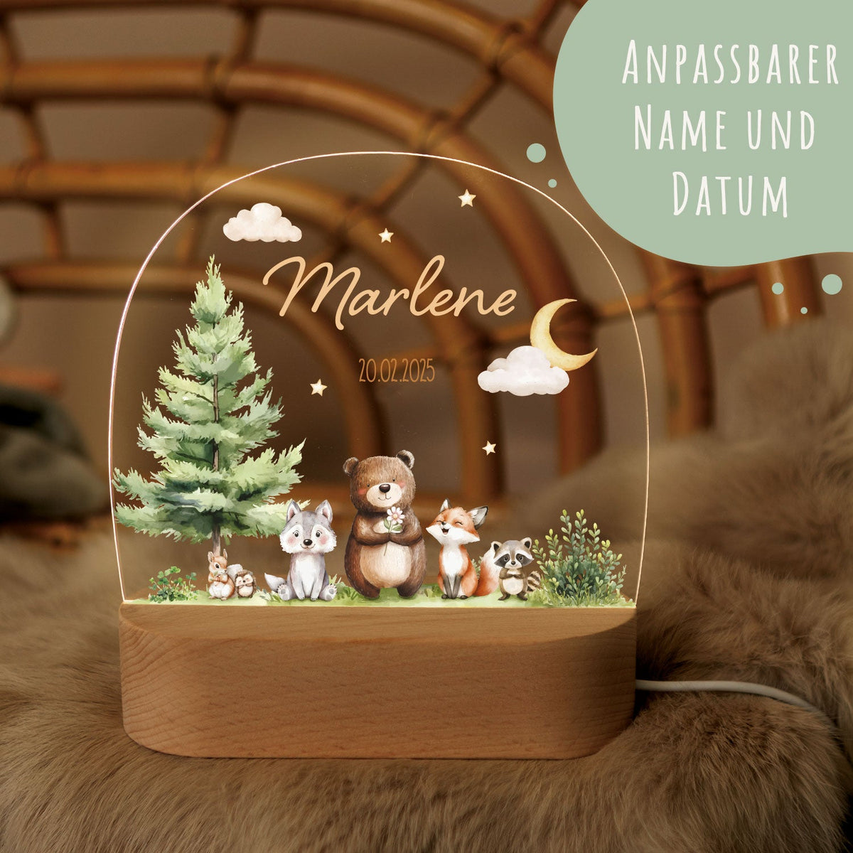Kinder LED Nachtlicht mit Sockel aus Holz - "Waldfreunde"