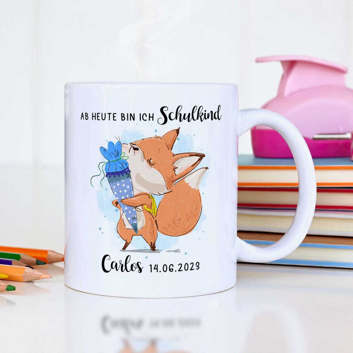 Bedruckte Tasse mit Spruch "Schulkind" - personalisiert mit Name und Datum