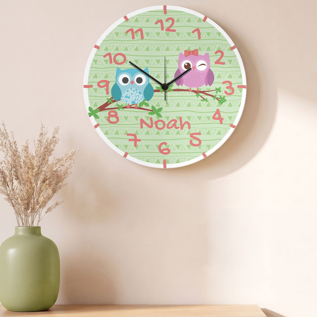 Wanduhr Kinder Eule mit Namen - mit UV Druck