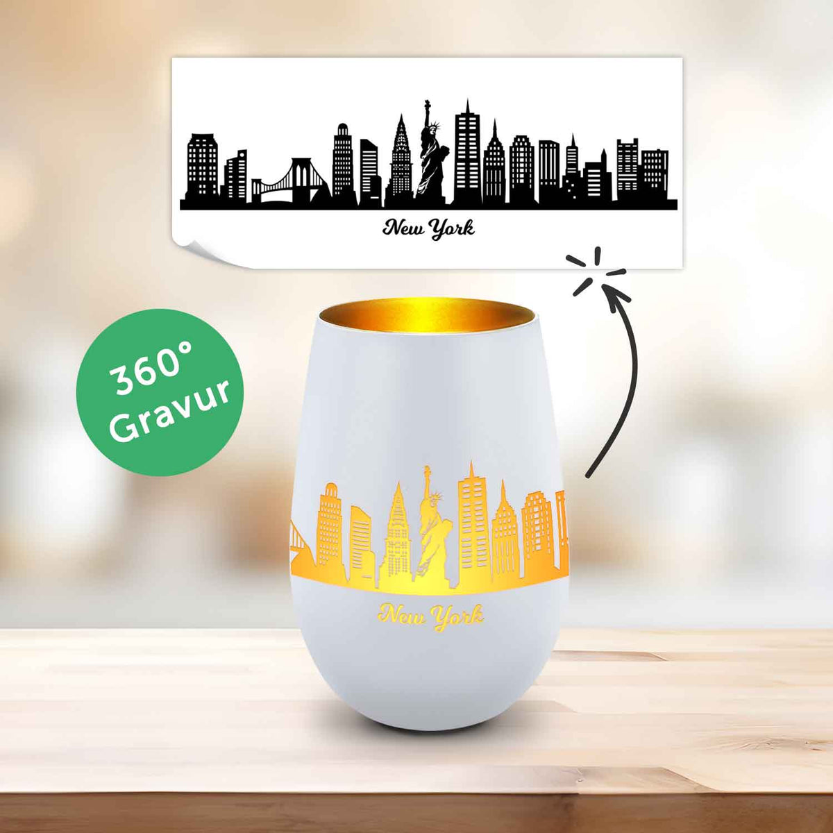Deko Windlicht aus Glas mit Gravur - Skyline New York