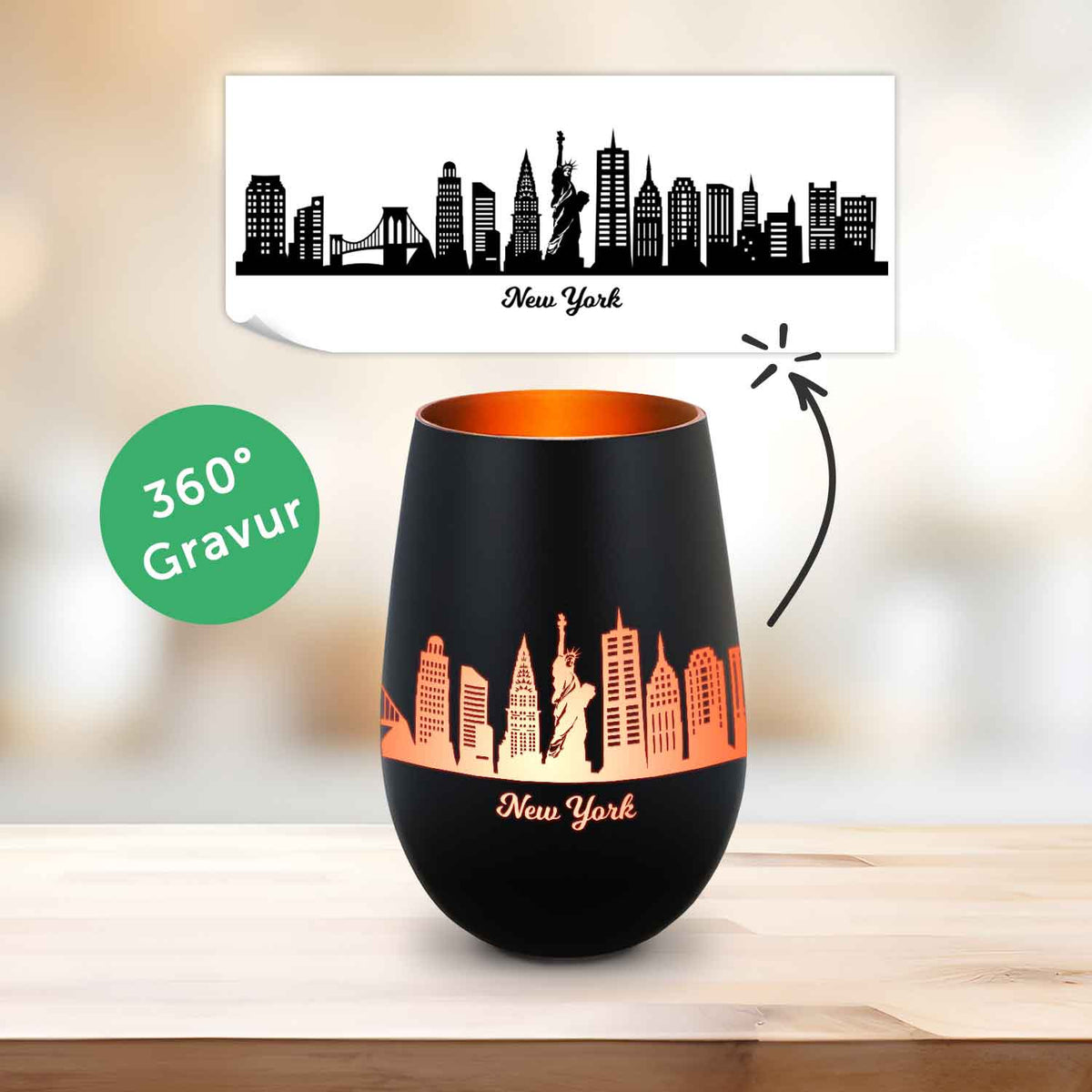 Deko Windlicht aus Glas mit Gravur - Skyline New York
