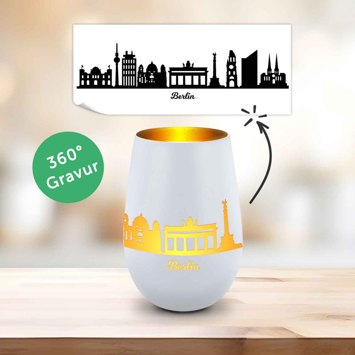 Deko Windlicht aus Glas mit Gravur - Skyline Berlin