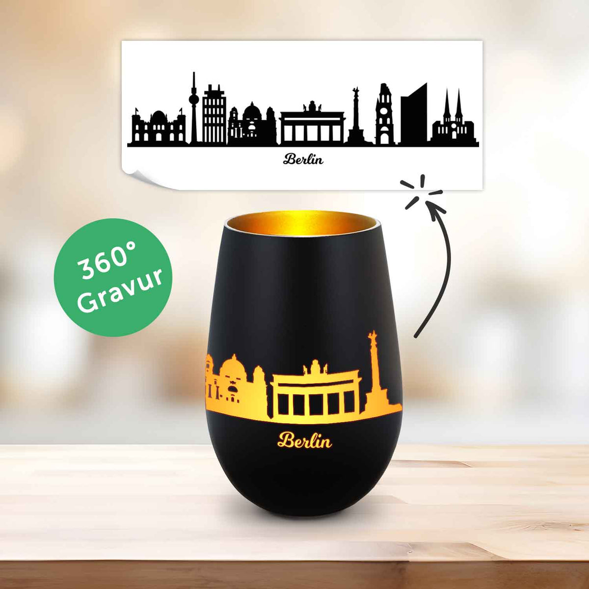 Deko Windlicht aus Glas mit Gravur - Skyline Berlin
