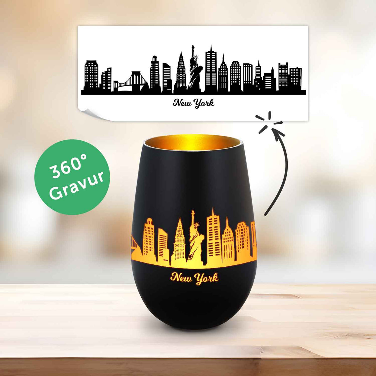 Deko Windlicht aus Glas mit Gravur - Skyline New York