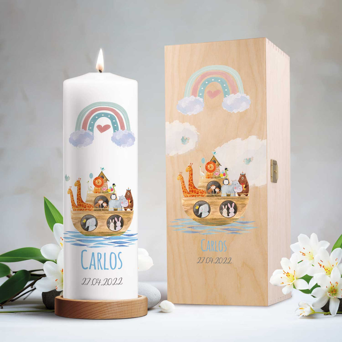 Große Kerze "Arche Regenbogen" - Taufkerze mit Namen, Datum & Wunschtext
