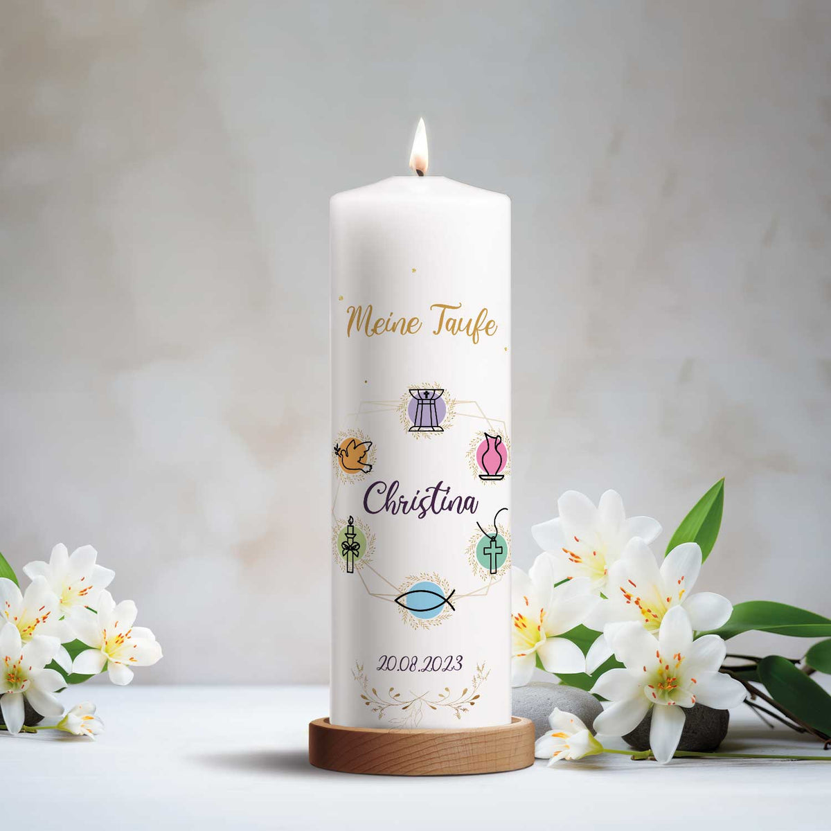 Große Kerze "Christliche Symbole" - Taufkerze mit Namen, Datum & Wunschtext