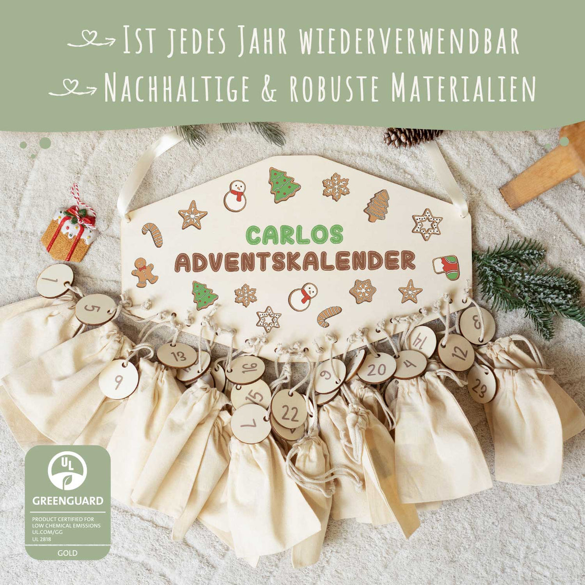Personalisierter Adventskalender aus Holz mit Druckmotiv & Namen - Lebkuchen