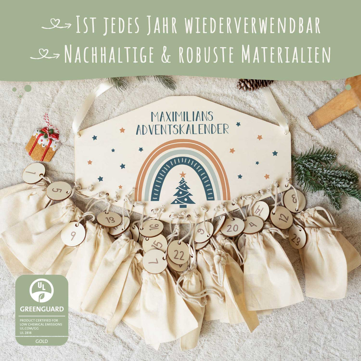 Personalisierter Adventskalender aus Holz mit Druckmotiv & Namen - Regenbogen
