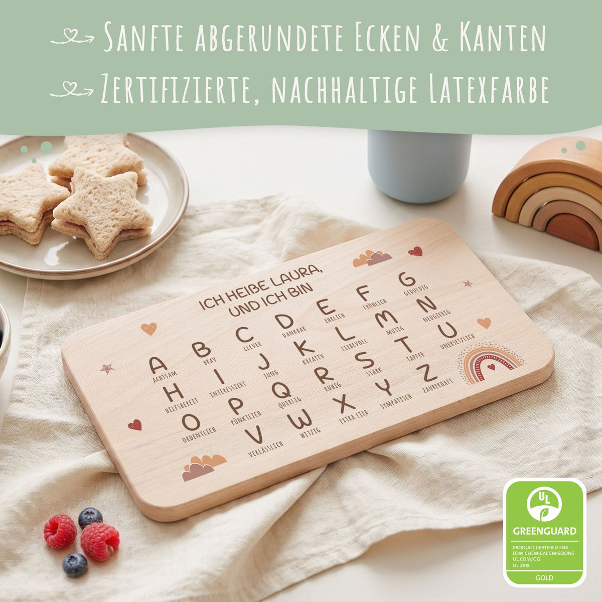 Frühstücksbrettchen mit Druckmotiv & Name - ABC Regenbogen