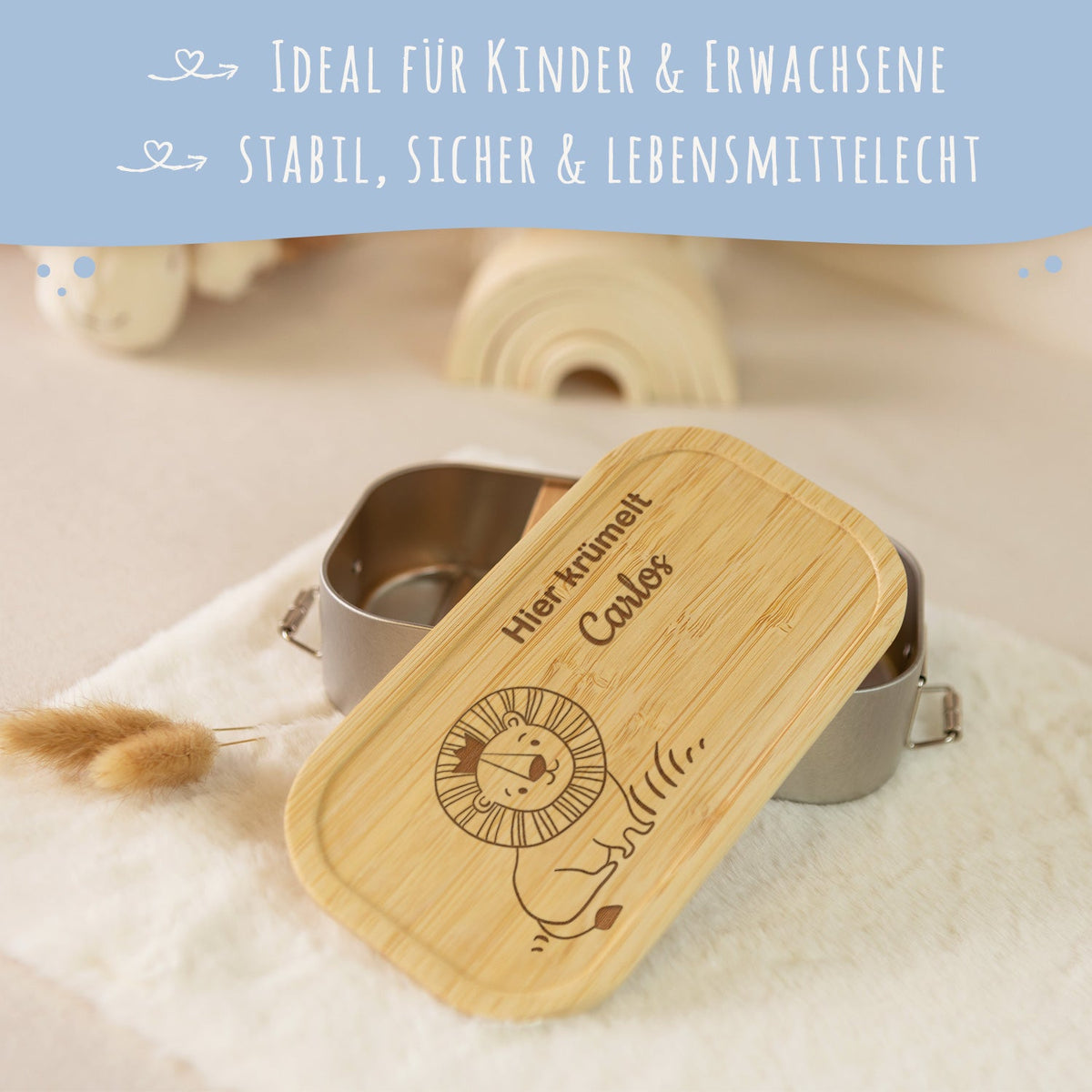 Brotdose mit graviertem Deckel für Kinder im "Löwe" Design
